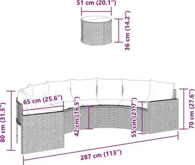 Immagine prodotto di vidaXL Divano da giardino con tavolo e cuscini semicircolare in polirattan beige