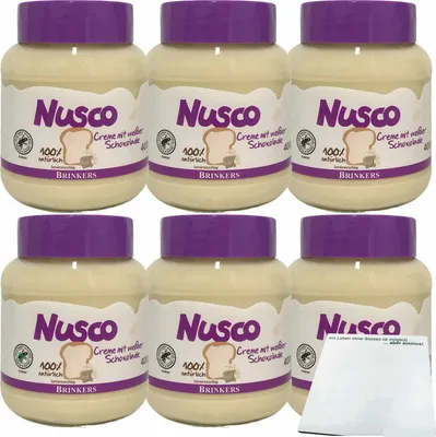 Produktbild von Nusco weiße Schokoladencreme Brotaufstrich mit 2,5% weißer Schokolade 6er Pack (6x400g Glas) + usy Block