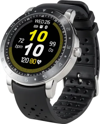 A close-up studio shot of a smartwatch.