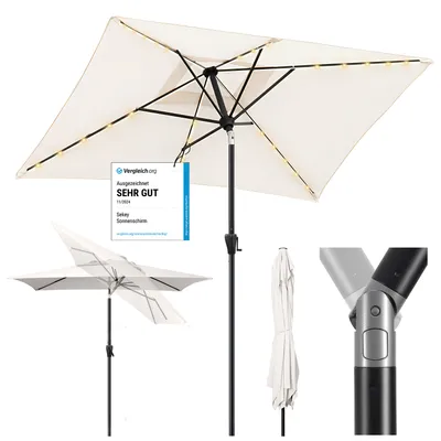 Produktbild von Sekey Sonnenschirm 210x140 cm mit LED-Solar-Beleuchtung, UV50+ Schutz, neigbar, Aluminium, mit Kurbel, Creme