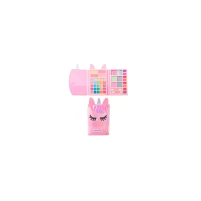 A pink unicorn-shaped makeup kit and a matching pouch are displayed against a white background.