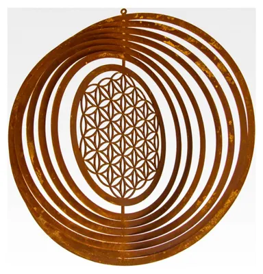 Produktbild von Metall Windspiel Blume des Lebens 3D zum Hängen und Drehen, Rost Baumdeko für den Garten, Durchmesser 18 cm