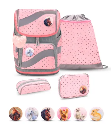 Produktbild von Belmil Smarty ergonomisches Schulranzen Set 5-teilig "Pink Dots 2" mit Brustgurt, Hüftgurt, Magnetverschluss, Patch Set 6 Stück