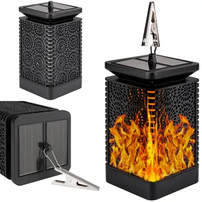 A collage of three images showing a black solar lantern with a flame effect. One image shows the lantern from the front, another shows the bottom with solar panels and a clip, and the third shows the lantern with the flame effect illuminated and a clip att