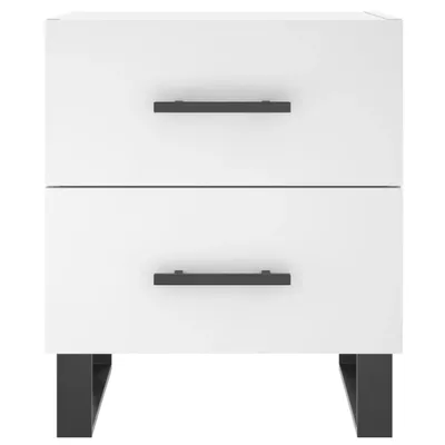 A white nightstand with two drawers and black legs, presented against a white background.