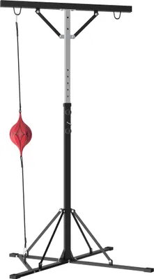 A freestanding adjustable speed bag stand with a red speed bag attached.