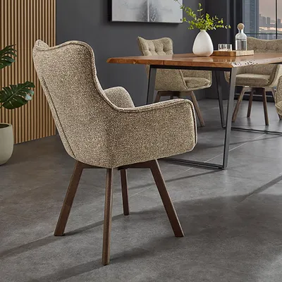 Produktbild von riess-ambiente Drehbarer Stuhl THOR taupe Strukturstoff braun Wenge Eichenholz 360° mit Armlehne Drehstuhl Polsterstuhl Esszimmerstuhl Essstuhl
