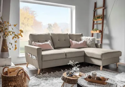 Produktbild von MIUFORM Lars - Ecksofa mit Bettfunktion und Bettkasten - 223x148cm - Sand - L-Form Rechts - Schlafsofa Couch