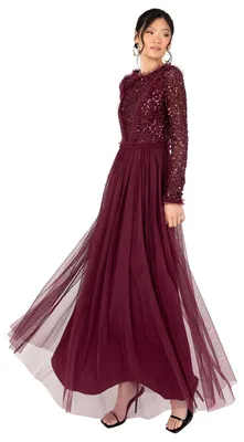 Produktbild von Damen-Maxikleid, Rundhalsausschnitt, lange Ärmel, Tüll mit Pailettenbesatz, Rüschen
