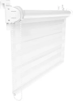 A white roller blind with a striped pattern, shown hanging from a bracket.