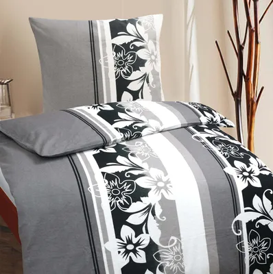 Produktbild von aboutyourhome-shop Biber Baumwoll Bettwäsche Blumen Grau 135x200/80x80 cm – 2-teilig, Wärmend, Kuschelig, Hautfreundlich, Pflegeleicht mit Qualitätsreißverschluss, Trocknergeeignet.