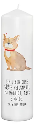 Produktbild von Mr. & Mrs. Panda Kerze Hund Glück 29 x 8 cm XL - Weiß - Geschenk, Liebe, Spruch, glücklich, Stumpenkerze, Blockkerze, Erinnerungslicht, Bedruckte, Wachskerze, Corgie