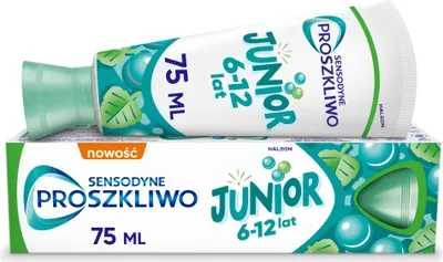 A tube of Sensodyne ProSzkliwo Junior toothpaste and its packaging are shown against a white background.