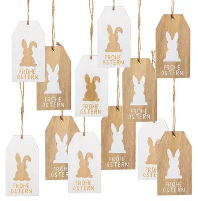 Produktbild von Logbuch-Verlag 12 Frohe Ostern Geschenkanhänger Osterhase Holz Osteranhänger für Geschenke weiß braun 10 x 5,5 cm