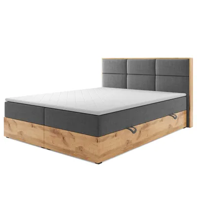 Produktbild von Boxspringbett STOCKHOLM Eiche Holz mit Bettkasten 180 x 200 cm Webstoff Grau Anthrazit Bett Bettkasten Ehebett Hotelbett Designerbett Luxus