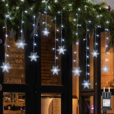 Obrázok produktu pre Snehové vločky rozprávkové svetlá 94LEDs záclony svetlá studená biela vnútorné 8 módov IP44 dekorácie pre vianočné okno balkón záhrada strana