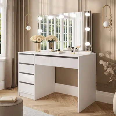 Immagine prodotto di Dmora Scrivania Lusiana 120x55x143h cm Bianco Bianco Lucido, 4 Cassetti Modulabile
