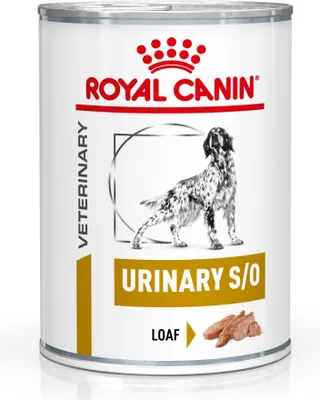 A can of Royal Canin Veterinary Urinary S/O dog food.