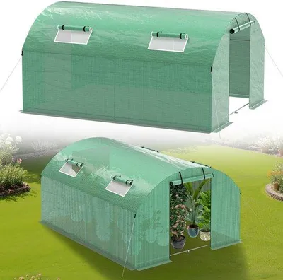 Imagen del producto de Casa de jardín de 4x3x2 metros con estructura galvanizada y cubierta de polietileno (PE) - Casa de jardín con puerta, ventanas y mosquiteras