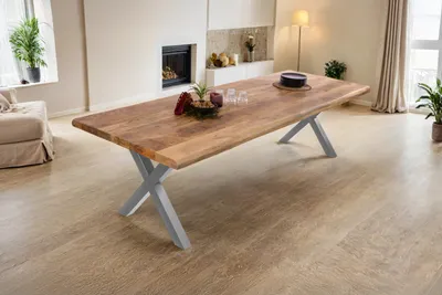Produktbild von Esstisch Baumkante 300 x 100 cm Mangoholz Rough X-Gestell silber CALI