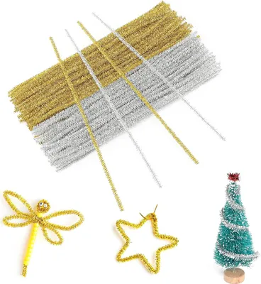 Produktbild von Glitzer Pfeifenreiniger 200 Stück Chenilledraht, 6 MM * 30 cm, Ideal für DIY Basteln, Weihnachtszierde Making und Dekorieren - Gold und Silber