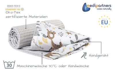 Produktbild von Medi Partners Babydecke Baumwolle Grau 75x100 Reh-Motiv Waffelstruktur, antiallergisch, kindersicher, pflegeleicht, handgenäht, langlebig