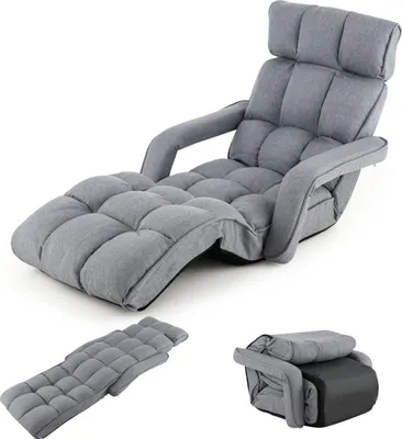A gray floor chair in multiple configurations: fully reclined, folded flat, and folded compactly.