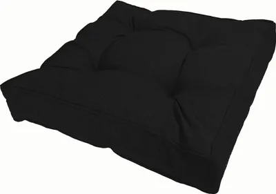 A black square cushion is shown against a white background.
