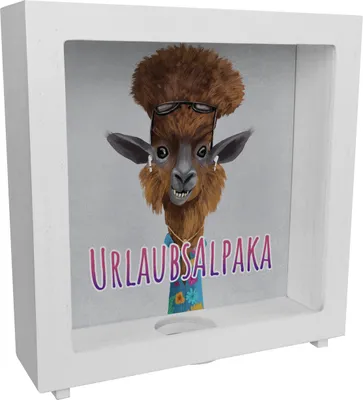Produktbild von Rahmen Spardose aus Holz mit lustigem Tier und Text für Urlauber - Urlaubsalpaka