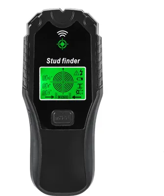 A black stud finder with a green LCD screen displaying measurement information.