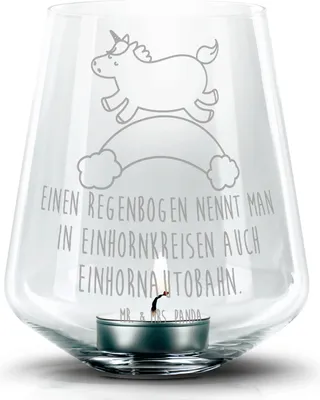 Produktbild von Mr. & Mrs. Panda Gravur Windlicht Einhorn Regenbogen - Transparent - Geschenk, Einhornpower, Glas, kerzenhalter, Teelichthalter, Unicorn, Glitzer, Erwachsenwerden