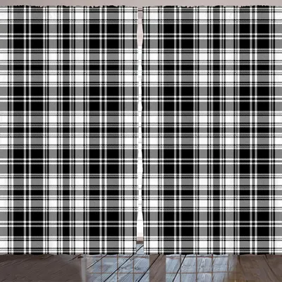 Produktbild von ARANDE Abstrakt Gardine, Britisches Tartan-keltisches Muster mit vertikalem horizontalem symmetrischem Streifen-Bild, 280 x 245 cm, Weiß schwarz