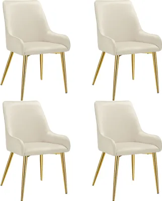 Four cream-colored dining chairs with gold legs are arranged in a grid against a white background.