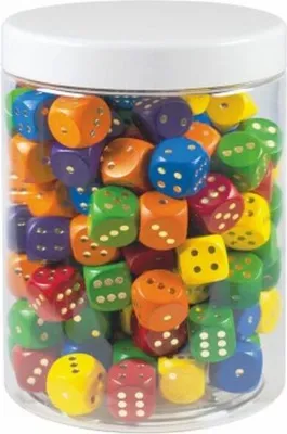 Obrázek produktu pro Hrací kostky barevné dřevo společenská hra 16mm 150 ks v plastové dóze 10x14cm