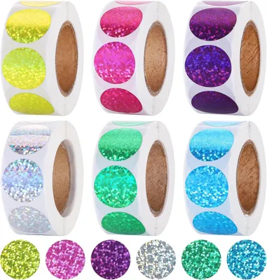 Imagen del producto de Pegatinas brillantes, 6 rollos, cada uno con 500 unidades, de 25 mm de diámetro, redondas, para uso en la oficina