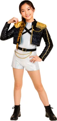 Produktbild von Kinder Kpop Golden Hunter Kostüm Set mit glitzernder Jacke, Shorts, Gürtel und Shirt im futuristischen Kampf-Style Heldin, Größe: 140/146 Farbe: Golden