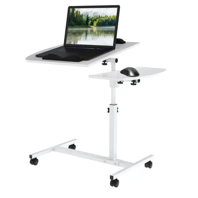 Image de Table d'ordinateur portable Table d'appoint avec roulettes et freins Pupitre mobile Table d'ordinateur réglable en hauteur 61-91cm Blanc