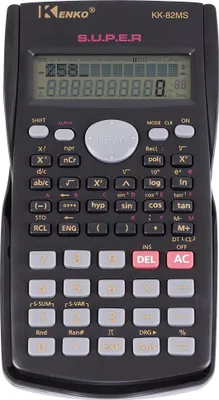 A black scientific calculator with a gray screen and buttons.