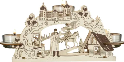A wooden candle holder shaped like a festive scene with a castle, a person on a horse, and a small house.