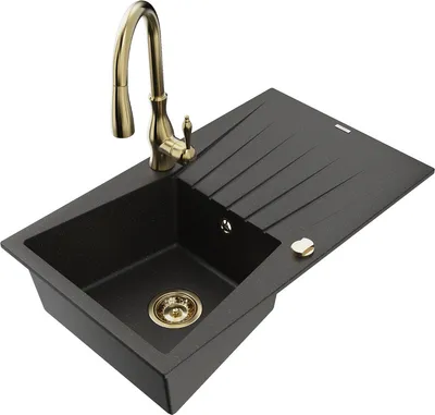Produktbild von Mexen Cesar 1 Becken-Granitspüle mit Abtropffläche und Mischbatterie Savita, Schwarz/Gold metallisch - 6514-75-672601-50