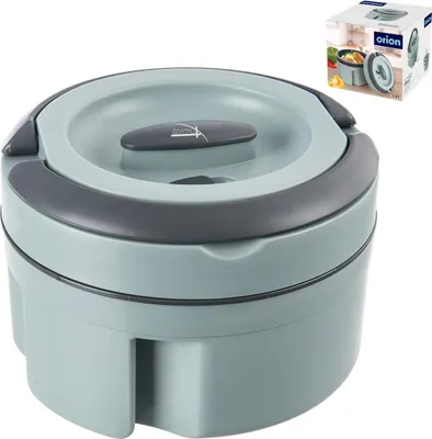 A teal and gray insulated food container with a lid and handle, shown from a slightly elevated diagonal angle. A small box with product imagery is visible in the upper right corner.