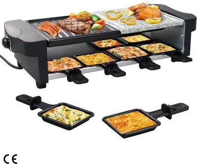 Obrázek produktu pro Multifunkční sada na raclette pro 8 osob – gril na raclette 3 v 1 s výkonem 1200 W a 8 pánvičkami – s přírodním grilovacím kamenem a nepřilnavým povrchem – černý