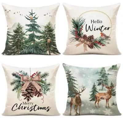 Produktbild von Set mit 4 Kissenbezügen, 45x45 cm, dekorative Leinen-Weihnachtskissen für Sofa, Schlafzimmer oder Sessel.