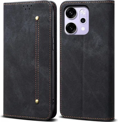 Immagine prodotto di Custodia per Reno14, Custodia a portafoglio in pelle con chiusura magnetica e supporto nero