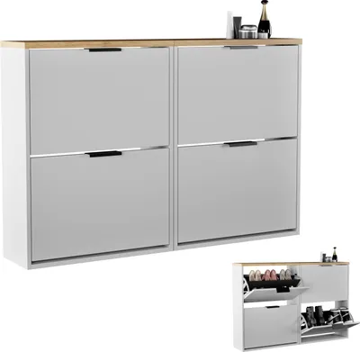 Produktbild von Planetmöbel Schuhschrank schmal 2 x 2 Klappen Schuhregal mit 4 Ablagen, weiß grau