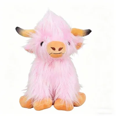 Produktbild von Plüschkuh 25 cm – Schottische Hochlandkuh Kuscheltier mit rosa flauschigem Fell