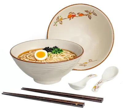 Ramen-Kommenset 2x1200 ml Keramik mit Stäbchen & Löffel