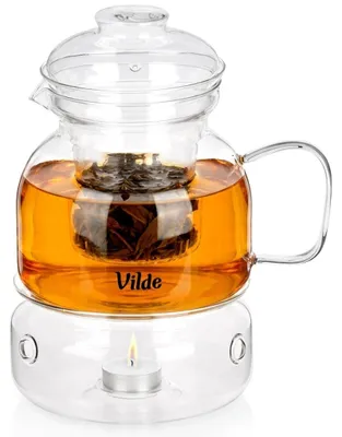 Image de Théière en verre avec infuseur et chauffe-théière, 1,5 L