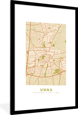Produktbild von MuchoWow® Gerahmtes Poster Unna - Vintage - Karte - Stadtplan - Grundriss 60x90 cm - Poster mit Schwarzem Bilderrahmen Wandposter Rahmen Foto Bilder - Dekoration - Wandposter Wohnzimmer - Hochwertig