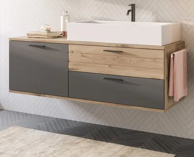 Produktbild von Waschtisch "Tomaso" Eiche und grau 140 cm Soft-Close, Set inklusive Waschbecken